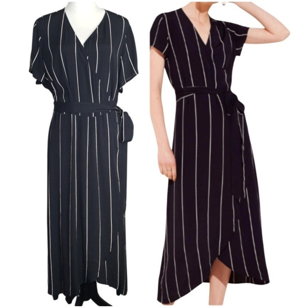 LOFT Plus Wrap Dress Size 16 Black & Beige Stripe Midi Short Sleeve 100% Rayon